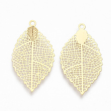 Honeyhandy Brass Pendants, Filigree Findings, Leaf, Real 18K Gold Plated, 27x15x0.2mm, Hole: 1.2mm