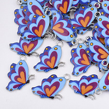 Honeyhandy Printed Alloy Pendants, with Enamel, Butterfly, Platinum, Blue, 24.5x16x2mm, Hole: 2mm