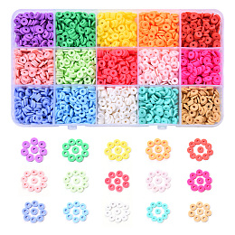 Arricraft 2250Pcs 15 Colors Eco-Friendly Handmade Polymer Clay Beads, Disc/Flat Round, Heishi Beads, Mixed Color, 6x1mm, Hole: 2mm, about 150pcs/color