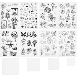 GLOBLELAND 8 Pieces Mushroom Insect Clear Stamps Transparent Silicone Stamps Set and 4 Pieces Acrylic Stamp Blocks with Grid Lines for Card Making Decor DIY Scrapbooking