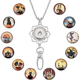 SUNNYCLUE 1 Box 12 Styles Halloween Lanyard Snap Button Lanyard Necklace Set Black Orange Fancy Pumpkin Cat ID Badge Lanyards Office Badges Holder Breakaway Stainless Steel Chain for Keys Men Women