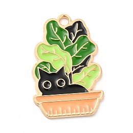 Honeyhandy Alloy Enamel Pendants, Light Gold, Potted with Cat Charm, Lawn Green, 28x18x1mm, Hole: 2mm