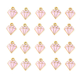 20Pcs Light Gold Alloy Enamel Charms, Dimond, Pink, 15x11.5x2.5mm, Hole: 1.8mm