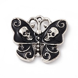 Honeyhandy Alloy Enamel Pendants, Antique Silver, Butterfly with Skull Charm, Black, 20.5x23x4mm, Hole: 1.2mm