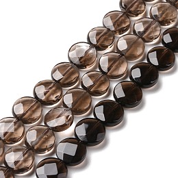 Honeyhandy Natural Smoky Quartz Beads Strands, Flat Round, Faceted, 10x4mm, Hole: 1mm, about 39pcs/strand, 15.55 inch(39.5cm)