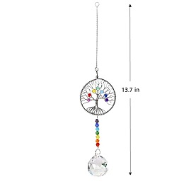 Honeyhandy Big Pendant Decorations, Hanging Sun Catchers, Chakra Theme K9 Crystal Glass, Flat Round with Tree of Life, Platinum, 34.8cm