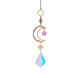 Honeyhandy Glass & Brass Moon Star Pendant Decorations, Hanging Suncatchers, with Chips Artificial Agate, for Home Decoration, Flamingo, 370mm