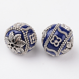 Honeyhandy Round Handmade Indonesia Beads, with Rhinestones and Antique Silver Plated Alloy Cores, Medium Blue, 22x20mm, Hole: 2mm