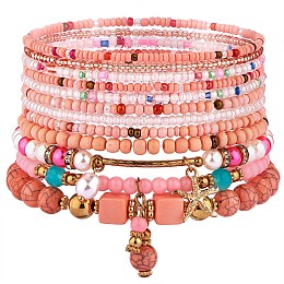 Honeyhandy 11Pcs Boho Seed Bead Stretch Bracelets Set, Multilayered Stackable Bracelets, Colorful Beaded Starfish Charm Bracelets for Women, Pink, 1-3/4~2-1/8 inch(4.5~5.5cm)