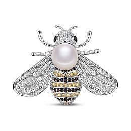 SHEGRACE Brass Brooch, with Grade AAA Cubic Zirconia and Pearl, Bees, Platinum, 39.3x30mm