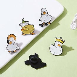 Honeyhandy 5Pcs 5 Style Cartoon Duck Enamel Pins, Electrophoresis Black Alloy Animal Brooches for Backpacks Clothes Jackets Hats, Mixed Color, 26~27.5x19.5~22mm, 1Pc/style