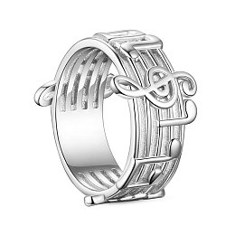 SHEGRACE 925 Sterling Silver Finger Ring, Wide Band Rings, Musical Notes, Size 9, Platinum, 19mm