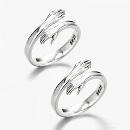 SHEGRACE Adjustable 925 Sterling Silver Couple Rings, Cuff Rings, Open Rings, for Valentine's Day, Carved with 925, Arms To Hug, Platinum, Inner Diameter: 18mm and 13mm, 2pcs/set