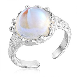 Honeyhandy 925 Sterling Silver Open Cuff Ring, Moonstone Half Round Finger Ring for Women, Silver, US Size 4 1/4(15mm)