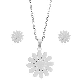 316 Surgical Stainless Steel Daisy Stud Earrings and Pendant Necklace, Jewelry Set for Women, Stainless Steel Color, 17.32 inch(440mm), 9.5mm, Pin: 0.8mm