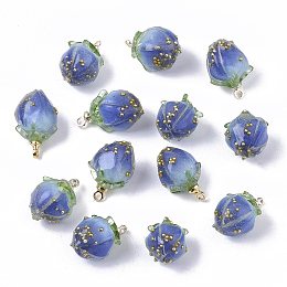 Handmade Natural Real Flower Dried Flower Pendants, Covered with Clear Epoxy Resin, with Brass Peg Bails and Glass Micro Beads, Bud, Golden, Royal Blue, 14~15x9~10x9~10mm, Hole: 1.2mm