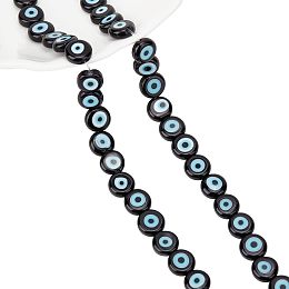 NBEADS 1 Strand About 49 Pcs 8mm Black Flat Round Handmade Evil Eye Lampwork Beads, Turkish Eye Charms Spacer Beads for Bracelets Necklace Jewelry Making