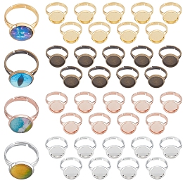 SUNNYCLUE 40Pcs 4 Colors Adjustable Brass Ring Components, Pad Ring Findings, with Flat Round Cabochon Bezel Settings, Mixed Color, Tray: 12mm, 17mm, 10pcs/color