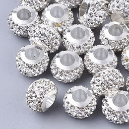 Honeyhandy Polymer Clay Rhinestone European Beads, with Brass Single Cores, Large Hole Beads, Rondelle, Platinum, Crystal, PP11(1.7~1.8mm), 11x8mm, Hole: 5mm