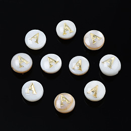 Honeyhandy Natural Freshwater Shell Beads, with Golden Plated Brass Etched Metal Embellishments, Flat Round with Letter, Seashell Color, Letter.A, 6x4mm, Hole: 0.8mm