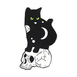 Honeyhandy Alloy Enamel Brooches, Skull with Cat, Black, 30.5x15mm