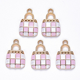 Honeyhandy Alloy Enamel Pendants, Handbag, Light Gold, Pearl Pink, 21x13.5x3mm, Hole: 2mm