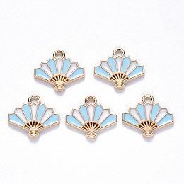 Honeyhandy Chinese Style Alloy Enamel Pendants, Fan, Light Gold, Light Sky Blue, 15x17x1.5mm, Hole: 1.6mm