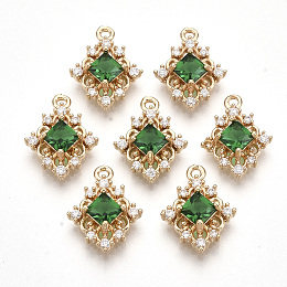 Honeyhandy Golden Tone Brass Pendants, with Faceted Glass and Clear Rhinestone, Rhombus, Sea Green, 14.5x11x4mm, Hole: 1.2mm, Diagonal Length: 14.5mm, Side Length: 10mm