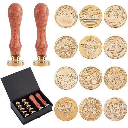 CRASPIRE Wax Seal Stamp Set, 6 Pieces Vintage Sealing Wax Stamps Copper Seals 2 Wooden Handle, Wax Stamp Kit for Wedding Invitations Cards Envelopes Wine Packages-Mountain
