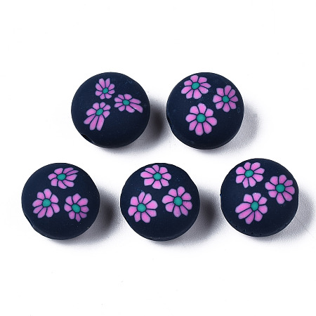 ARRICRAFT Handmade Polymer Clay Beads, for DIY Jewelry Crafts Supplies, Flat Round with Flower, Midnight Blue, 12x8.5mm, Hole: 1.6mm