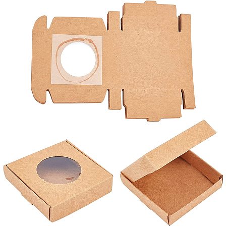 SUPERFINDINGS 32pcs About 6x6x1.5cm Kraft Paper Camel Square Box Cardboard Jewelry Box Gift Wrapping Box with Clear PVC Window for Party Favor Treats and Jewelry Packing
