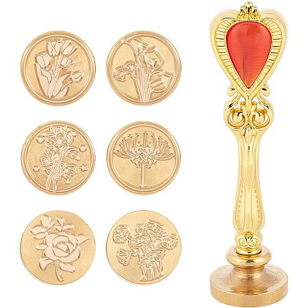 CRASPIRE 7PCS Wax Seal Stamp Set Flower Rose Tulip Calla Lily Sealing Wax Stamp Heads 25mm with Universal Golden Alloy Handle for Envelope Invitation Cards Decoration