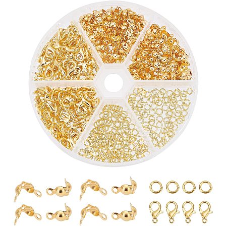 PandaHall Elite 500pcs Jewelry Making Accessory Set 200pcs 4mm 21 Guage Open Jump Ring 100pcs 12x6mm Lobster Claw Clasp 200pcs 7mm Bead Tips Knot Covers for Earring Bracelet Necklace Jewelry Making, Gold