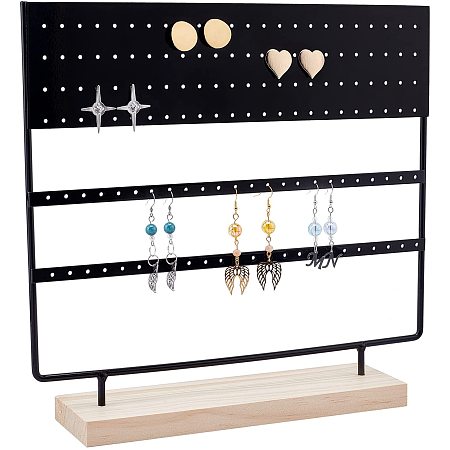 PandaHall Elite 144 Holes Earring Holder Stand, 3-Tier Ear Stud Holder Rack Earring Jewelry Organizer Jewelry Holder Tower Rack with Wooden Tray for Earrings Necklaces Display Home Retail Use