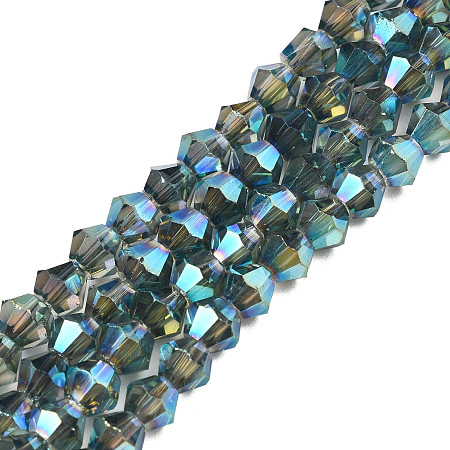 Electroplate Transparent Glass Beads Strands, Faceted, Bicone, Teal, 4x4.5mm, Hole: 0.9mm, about 84~109Pcs/strand, 12.6~21.26 inch(32~54cm)