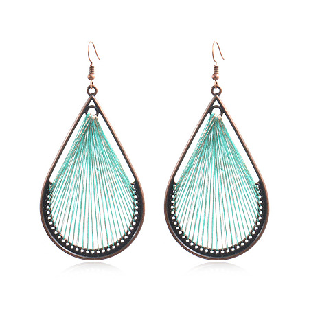 Honeyhandy Bohemia Style Alloy Dangle Earrings, with Cotton Thread and Metallic Cord, Teardrop, Red Copper, Aquamarine, 93x45mm