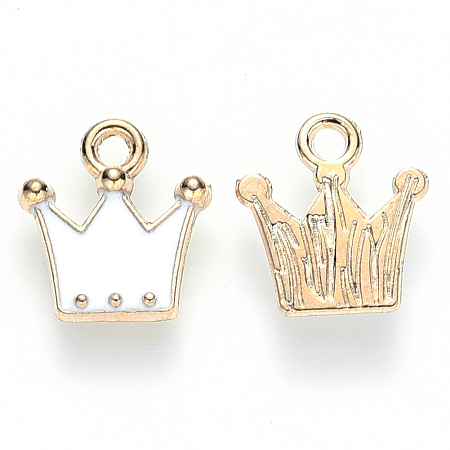 Honeyhandy Alloy Enamel Charms, Crown, Light Gold, White, 12x11x2mm, Hole: 1.6mm