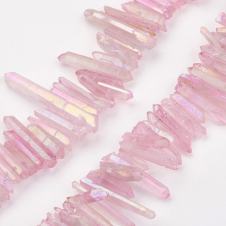 NBEADS Electroplated Natural Quartz Bead Strands, Dyed, Chips, Pink, 11.5~32x2~6mm, Hole: 1mm; about 38~40pcs/strand, 7.8
