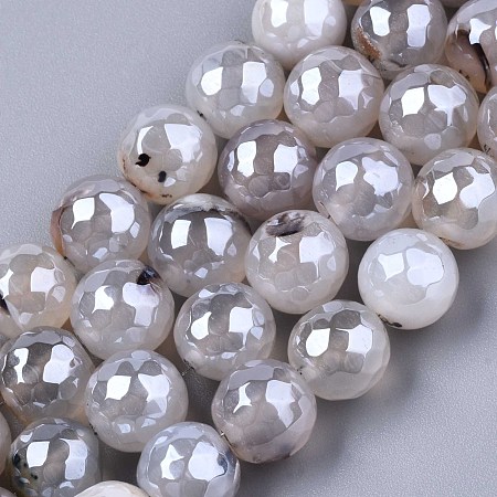 Honeyhandy Natural Agate Beads Strands, Pearl Luster Plated, Faceted, Round, Gainsboro, 9~10mm, Hole: 1mm, about 37pcs/strand, 14.17 inch~14.57 inch(36~37cm)