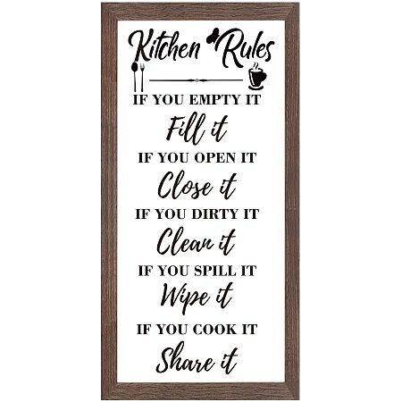 FINGERINSPIRE Kitchen Rules Art Sign Solid Wood Framed Block Sign Funny Farmhouse Decor Sign with Arylic Layer 7x13 Inch Large Hangable Wooden Frame for Kitchen Decor
