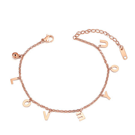Arricraft Valentine's Day Theme, Titanium Steel Charm Anklets, with Cable Chains and Lobster Claw Clasps, Bell and Word LOVE YOU, Rose Gold, 39271 inch(20cm)