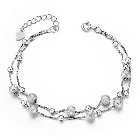 SHEGRACE 925 Sterling Silver Multi-strand Bracelets, Double Chains and Beads, Carved with S925, Platinum, 6-1/2 inch(16.5cm)