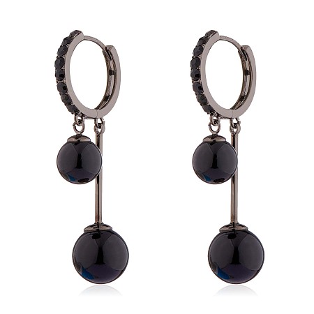 Arricraft Black Cubic Zirconia Double Ball Dangle Hoop Earrings, Brass Tassel Drop Earrings for Women, Gunmetal, 42x16mm, Pin: 0.8mm