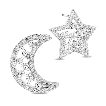 SHEGRACE 925 Sterling Silver Stud Earrings, with Micro Pave AAA Cubic Zirconia, Moon and Star, Asymmetric Earrings, Platinum, 19mm