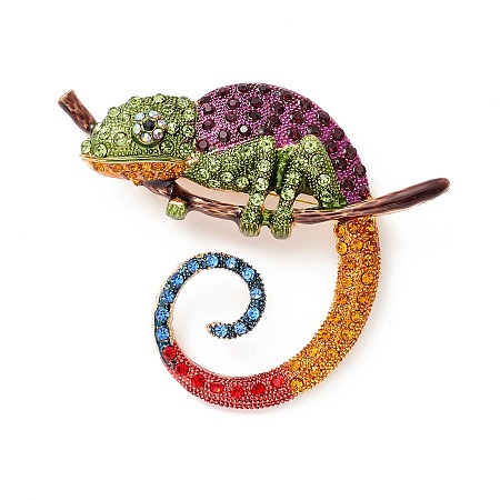 Honeyhandy Alloy Enamel Brooches, with Rhinestone, Chameleon, Light Gold, Colorful, 58x71x13mm, Hole: 6.8x6mm, Pin: 0.7mm