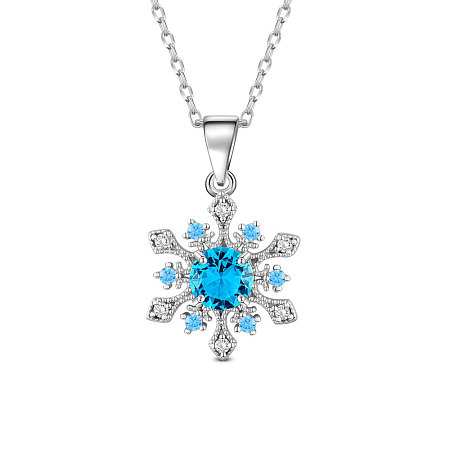 Honeyhandy SHEGRACE 925 Sterling Silver Pendant Necklace, with AAA Cubic Zirconia, Snowflake, Blue, 15.7 inch(40cm)