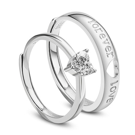 SHEGRACE Adjustable 925 Sterling Silver Couple Rings, Promise Ring, with Grade AAA Cubic Zirconia, Heart and Word Forever Love, For Wedding, Platinum, Size 9, 19mm, Size 7, 17mm