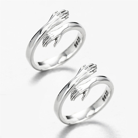 SHEGRACE Adjustable 925 Sterling Silver Couple Rings, Cuff Rings, Open Rings, for Valentine's Day, Carved with 925, Arms To Hug, Platinum, Inner Diameter: 18mm and 13mm, 2pcs/set