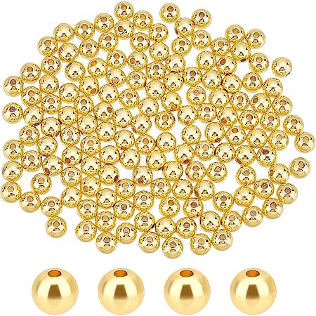 PandaHall Elite 150pcs 6mm Gold Beads 18K Gold Plated Brass Beads Long-Lasting Round Smooth Spacer Beads Seamless Loose Ball Beads for Summer Hawaii Stackable Necklace, Bracelet, Earring Making