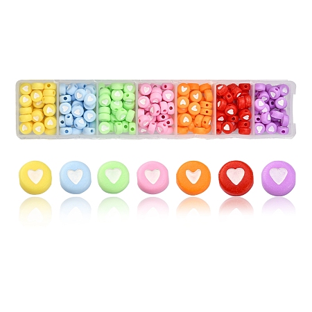 245Pcs 7 Colors Opaque Acrylic Beads, Flat Round with Heart, Mixed Color, 7x4mm, Hole: 1.5mm, 35pcs/color